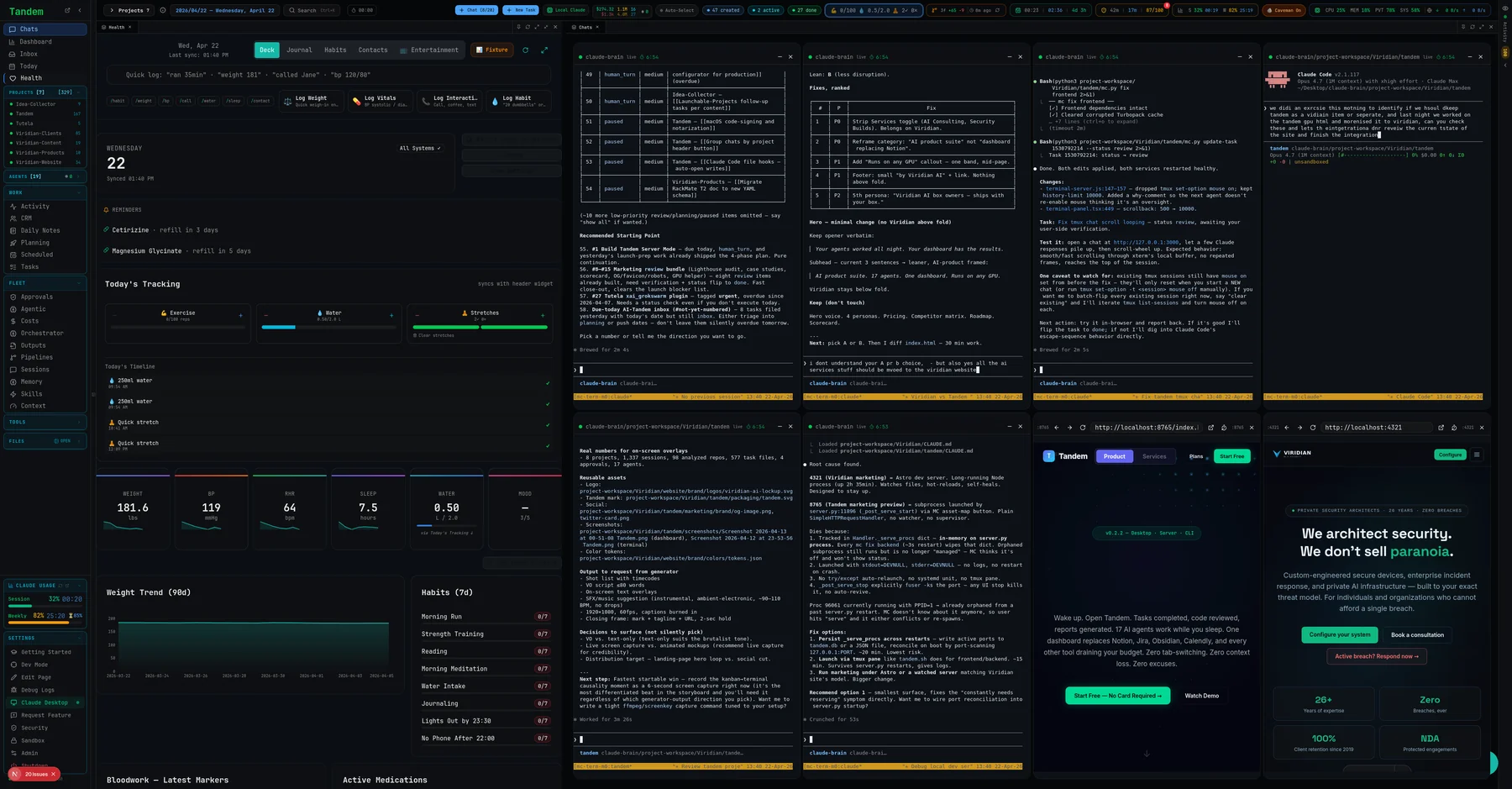 Tandem command center with 22 configurable widgets, live token gauge, task heatmap, cost charts, and project sparklines
