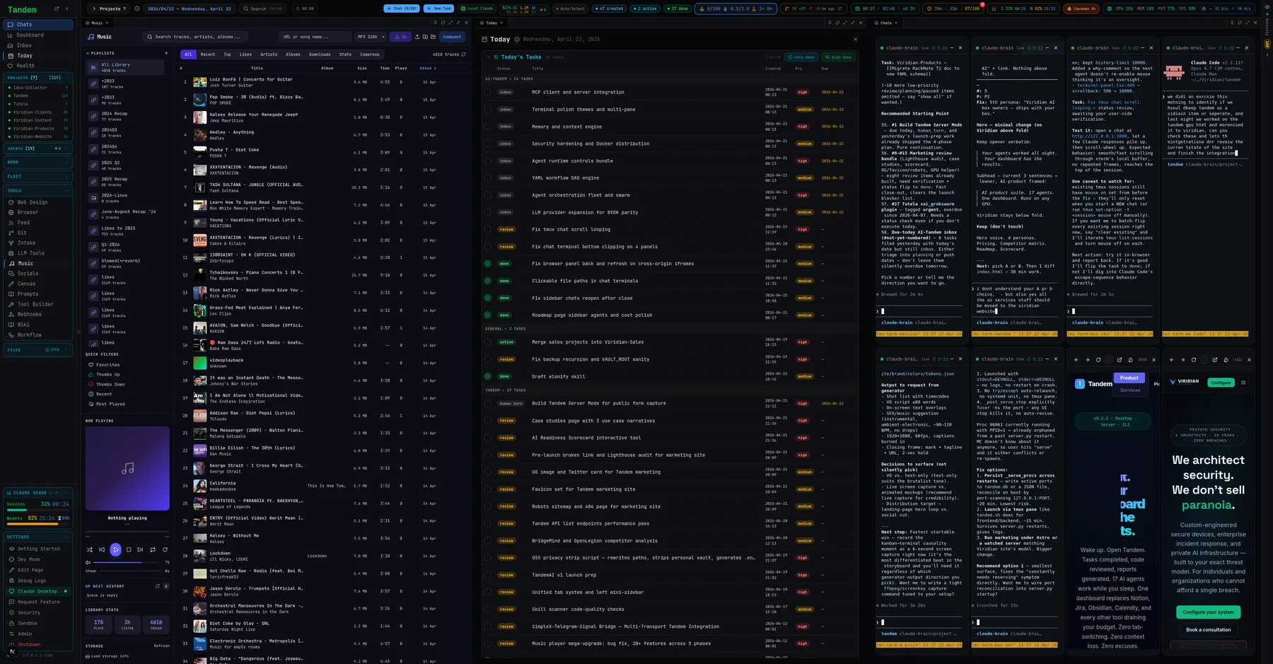 Tandem with music player, parallel terminals, task list, and brand page all visible in a single pane